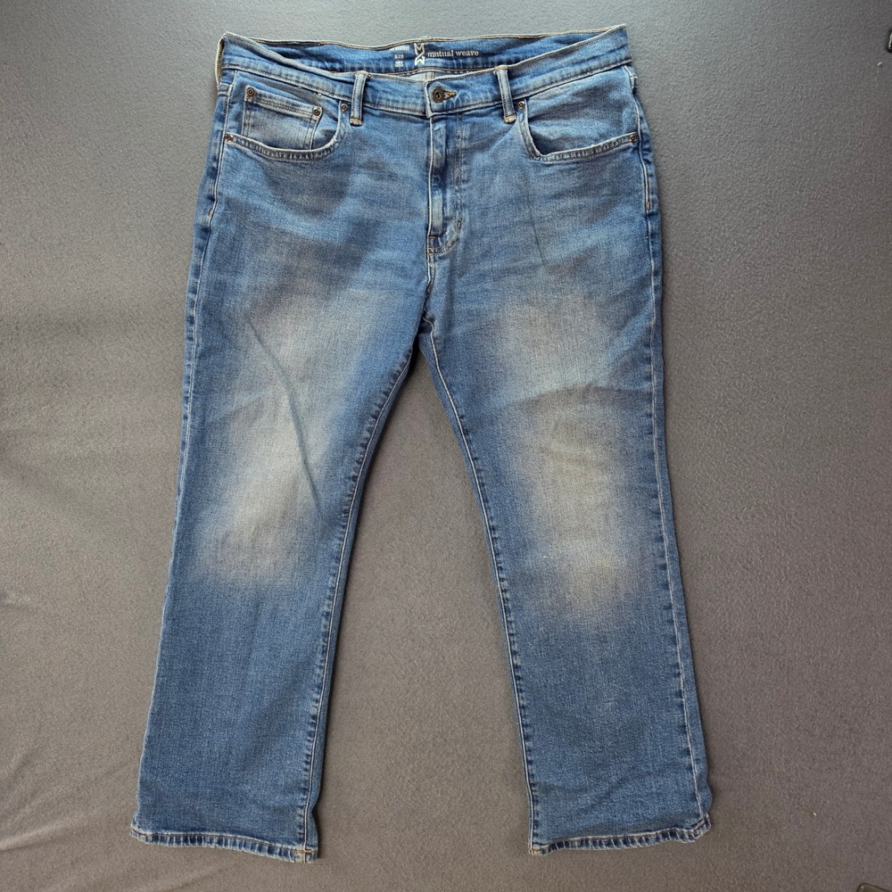 Mutual Weave Mens Bootcut Jeans Medium Wash Blue Denim 36x29 Stretch Cotton